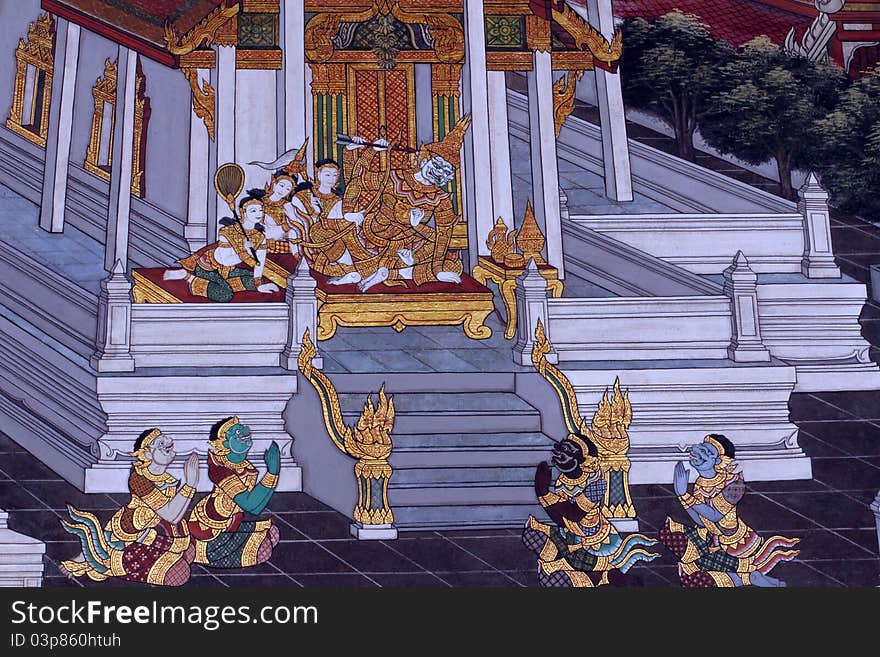 Traditional Thai art painting on a wall, the Emerald Buddha Temple