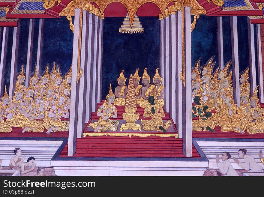 Traditional Thai art painting on a wall, the Emerald Buddha Temple