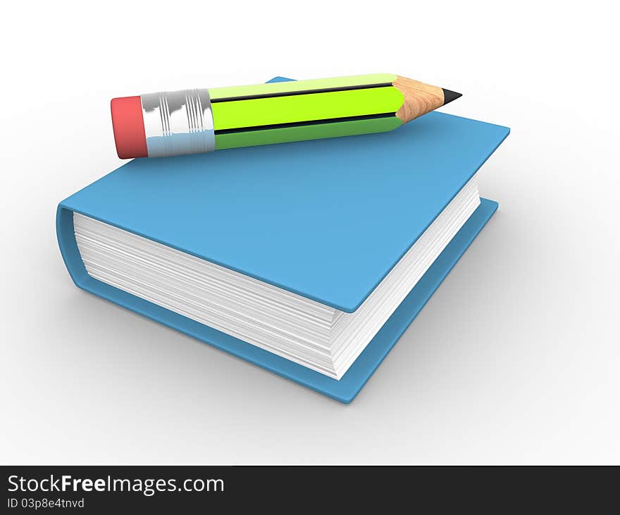 Pencil and books on white background. This is a 3d render illustration