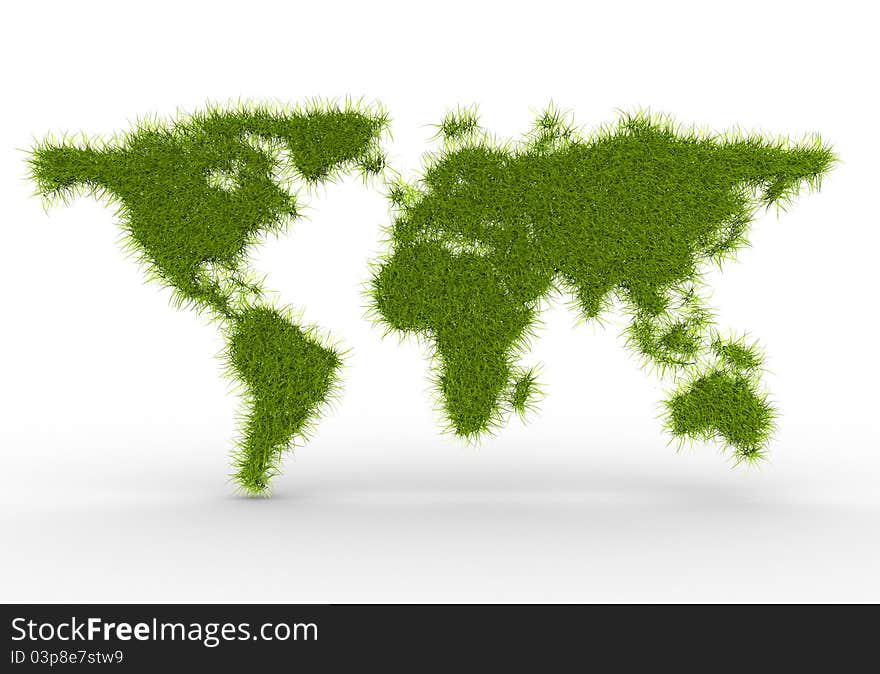 Conceptual Earth map with grass on surface - 3d render illustration