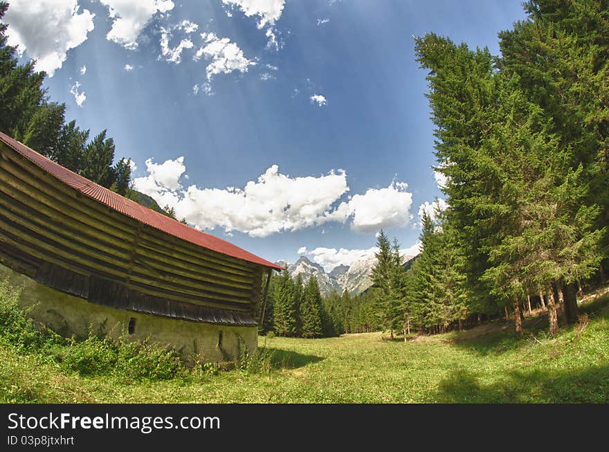 Hut and Trees in the Dolomites