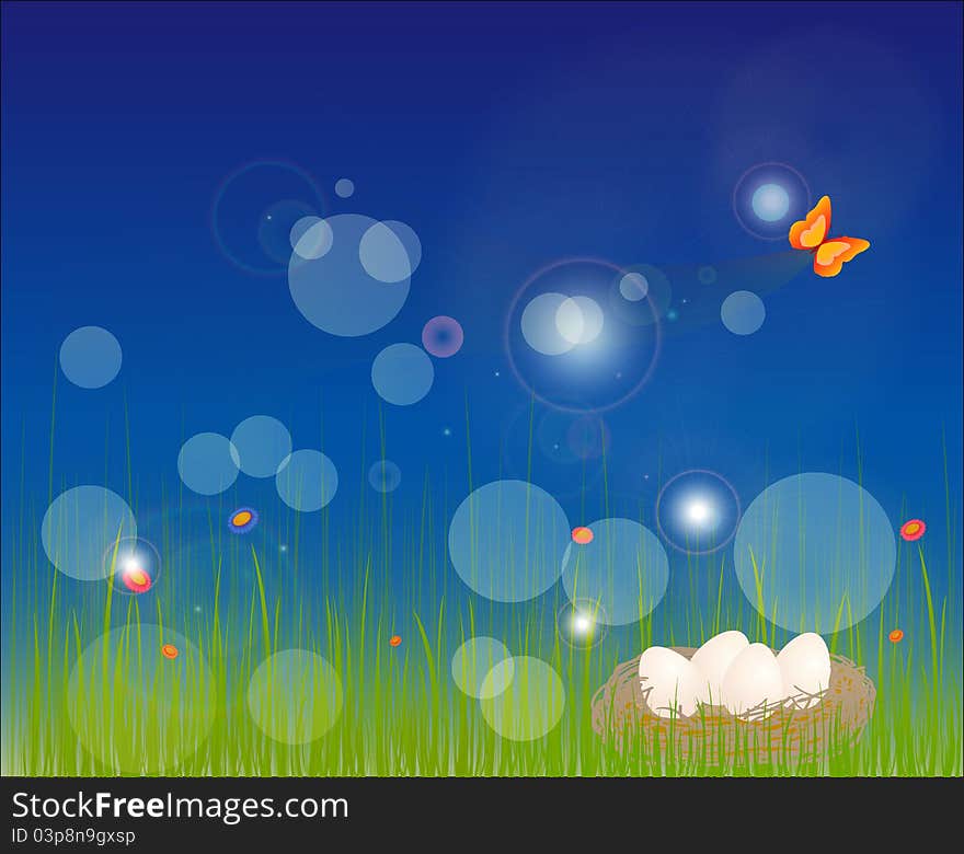 Beautiful night nature background illustration with grass