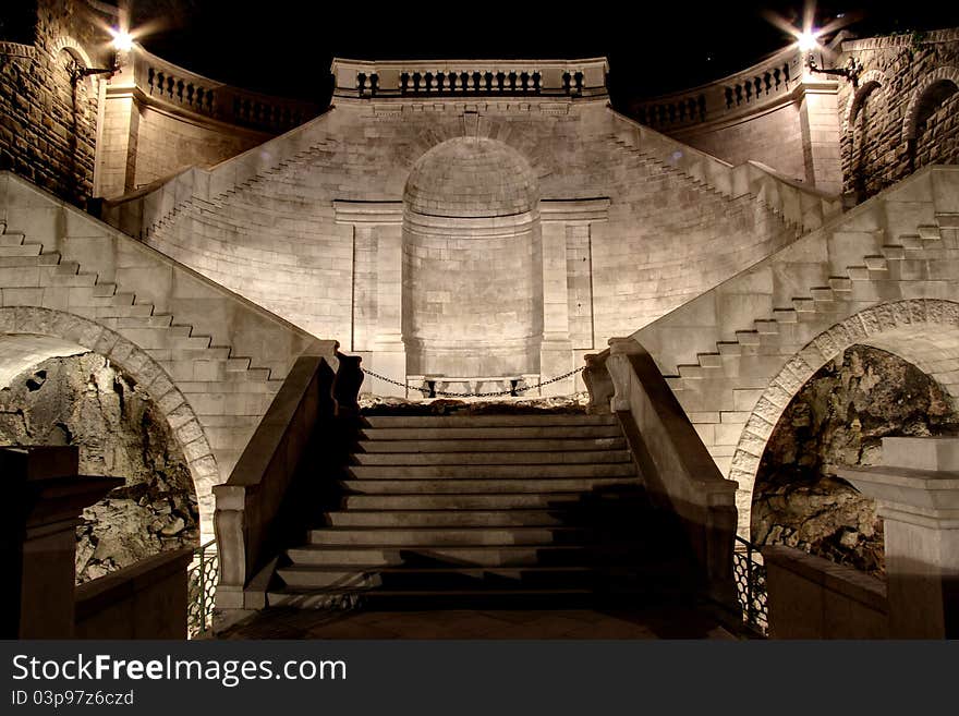 Night image of the Scala dei Giganti of Trieste with its many steps