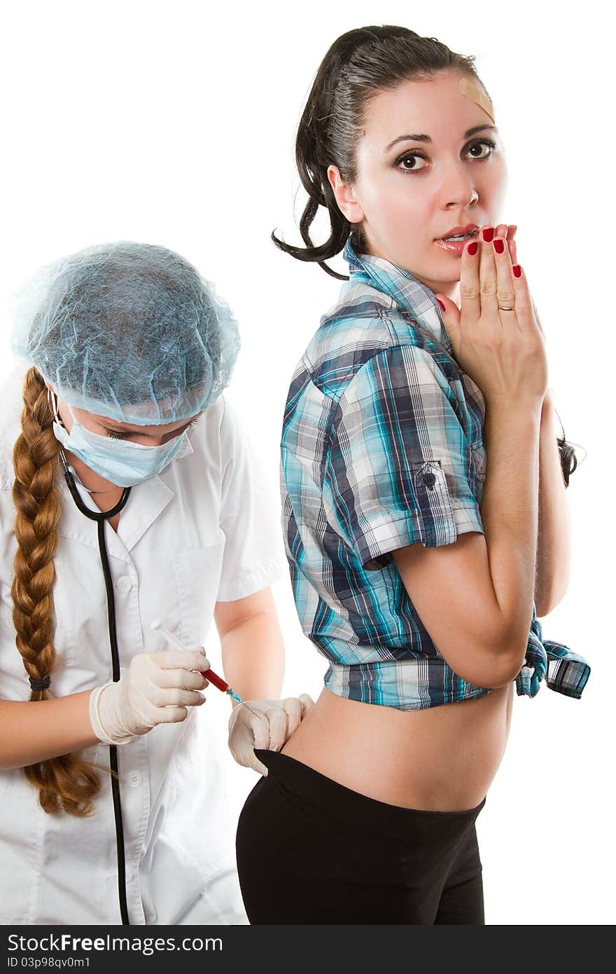 Physician with long hair in a sling shot makes a beautiful patient isolated white background. Physician with long hair in a sling shot makes a beautiful patient isolated white background