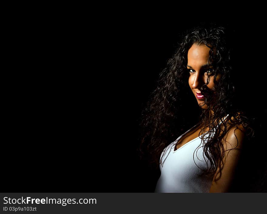 Girl in White Vest on Black