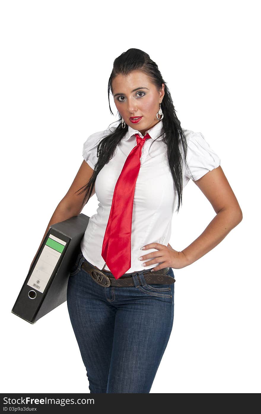 Cute brunette with red tie posing