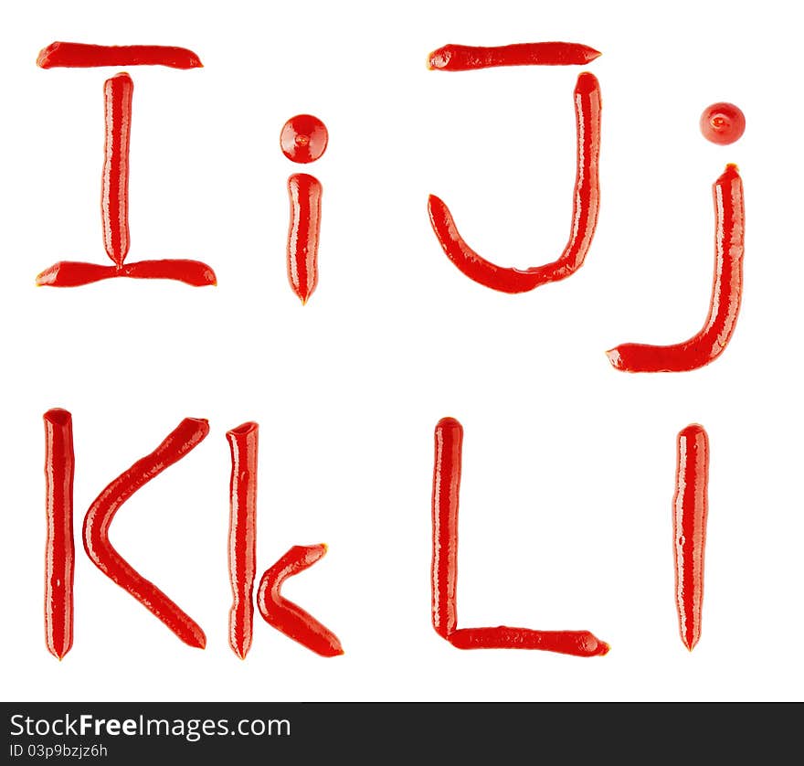 Letters made of ketchup on white background.