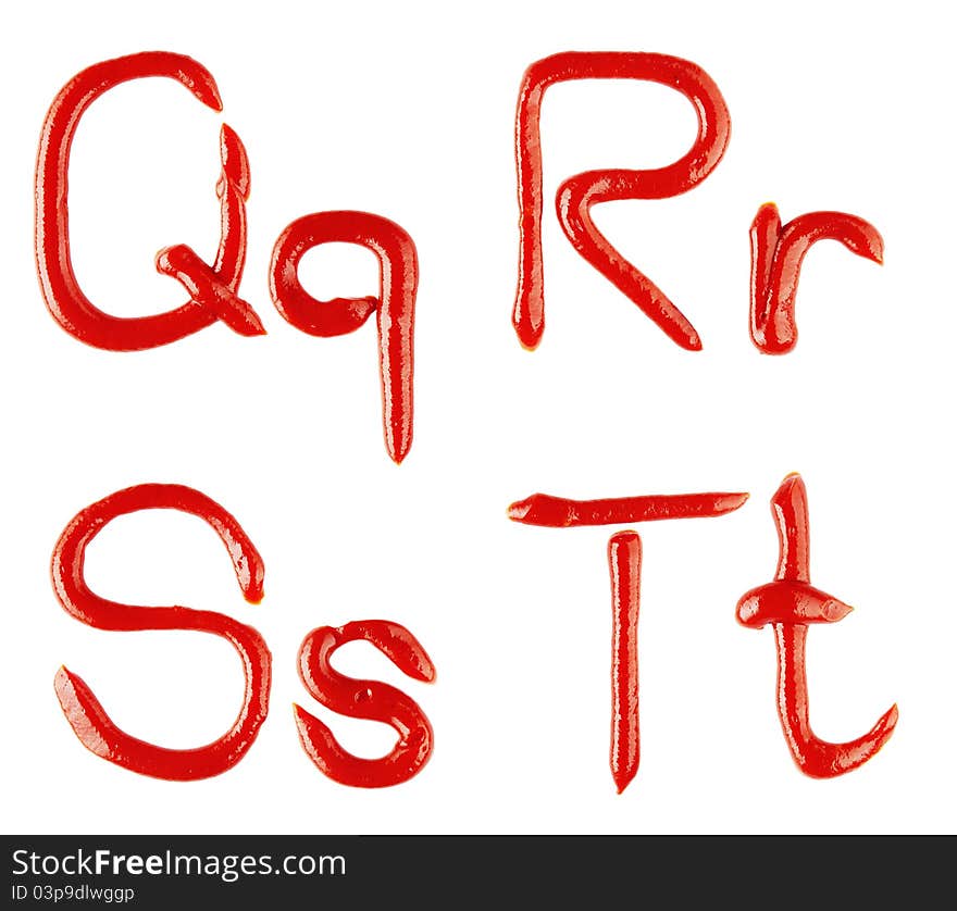 Letters made of ketchup on white background