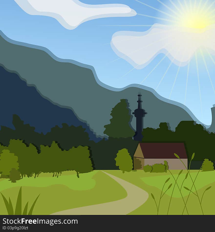 Vector rural landscape with green meadow and house