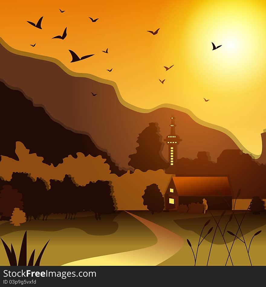 Vector illustration with rural landscape at sunset. Vector illustration with rural landscape at sunset