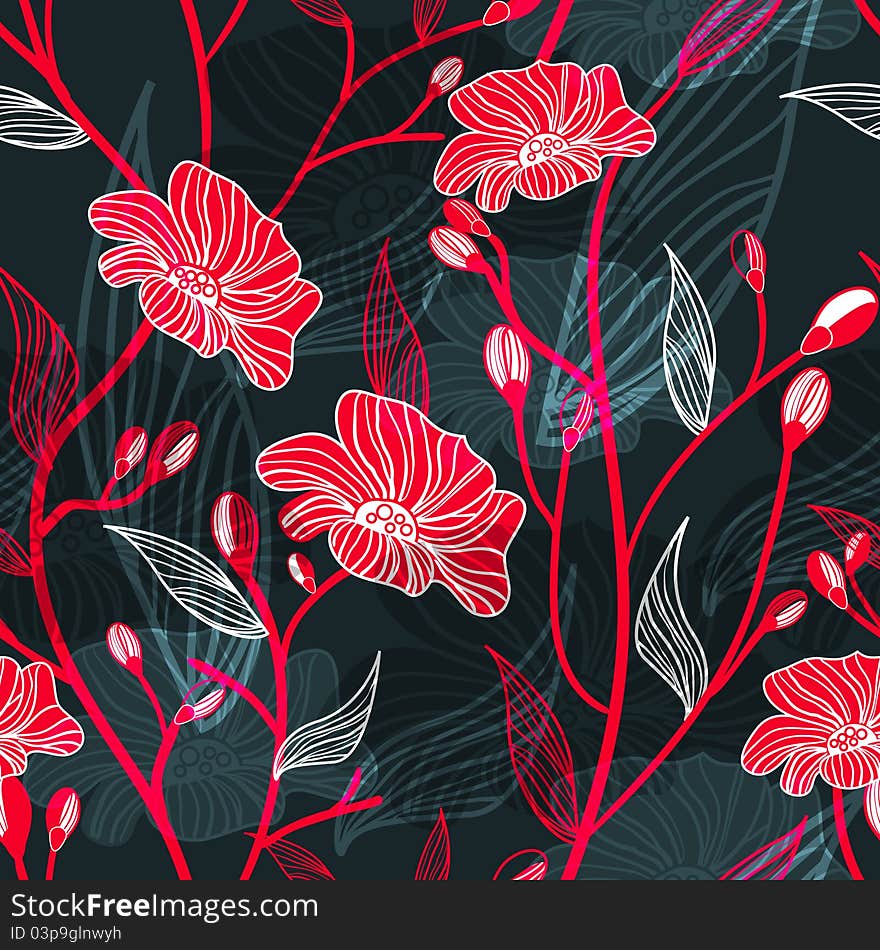 Abstract seamless dark pattern with red poppy. Abstract seamless dark pattern with red poppy