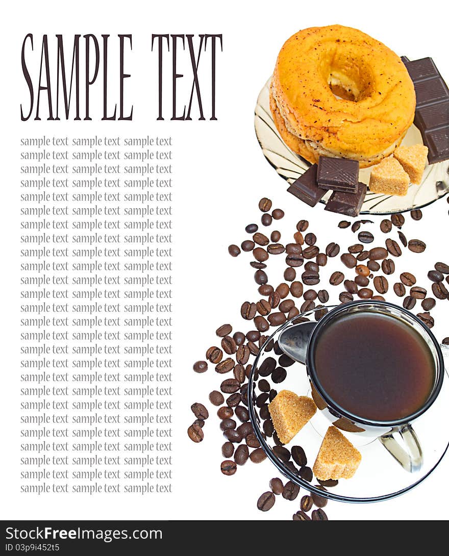 Coffee, donut, brown sugar and coffee beans on white background