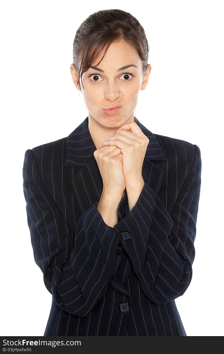 Portrait of business woman making a silly face over white background. Portrait of business woman making a silly face over white background