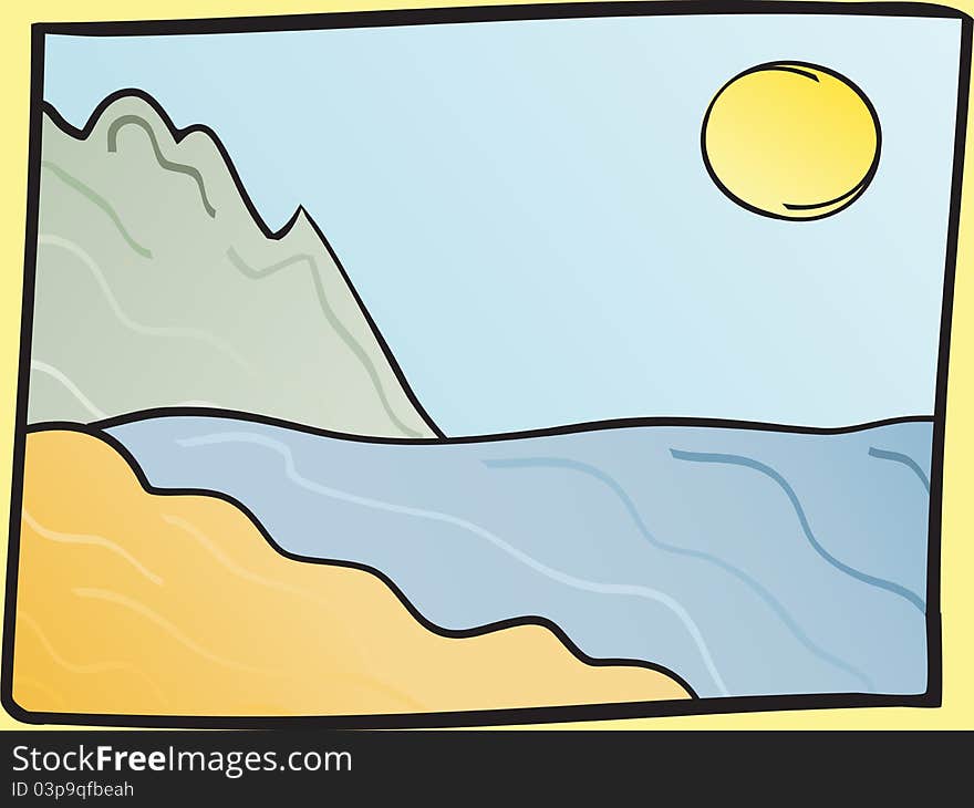 Sea, beach and mountain landscape with frame. Sea, beach and mountain landscape with frame