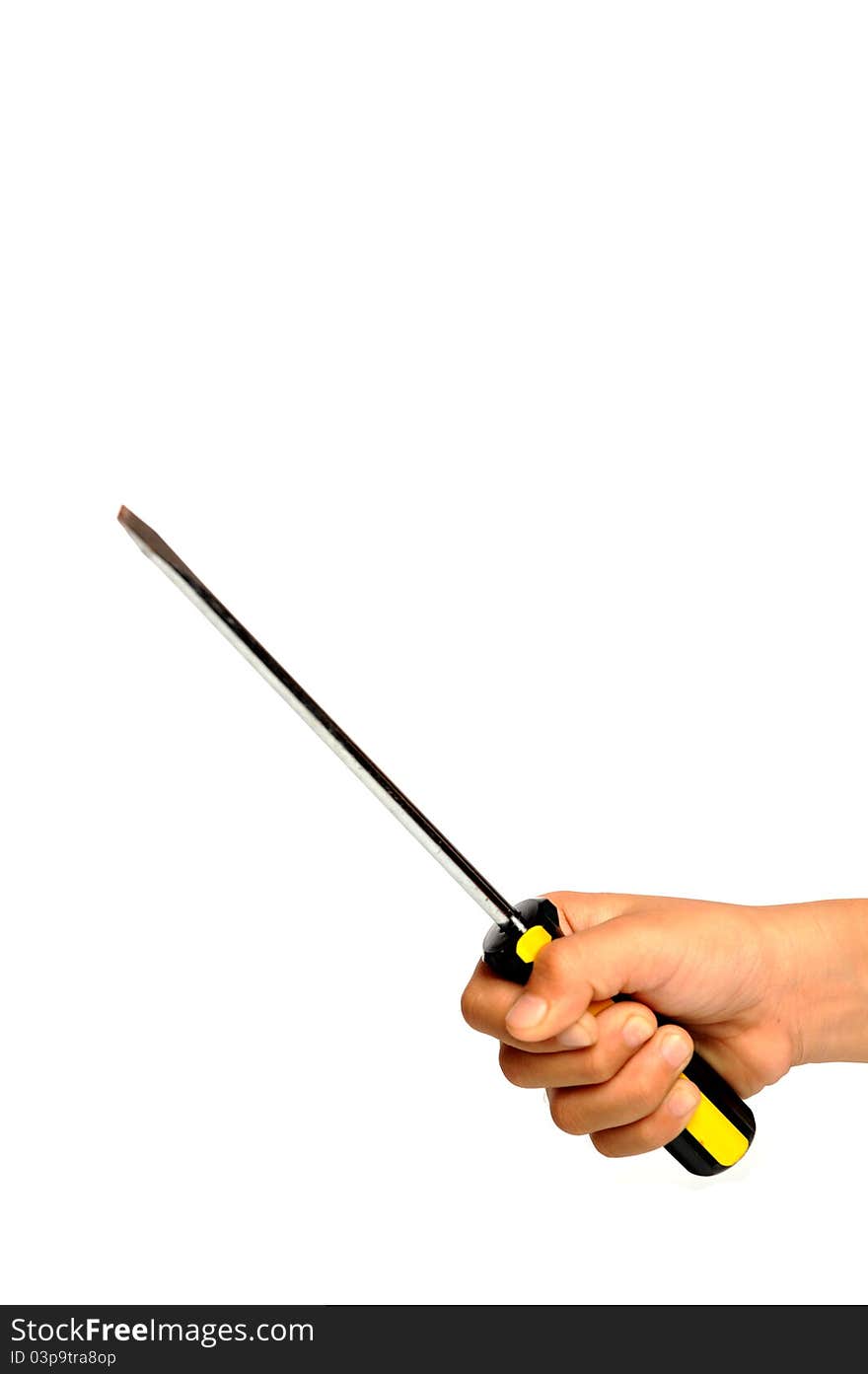 Young girl holding a yellow with black stripe screwdriver. Young girl holding a yellow with black stripe screwdriver.