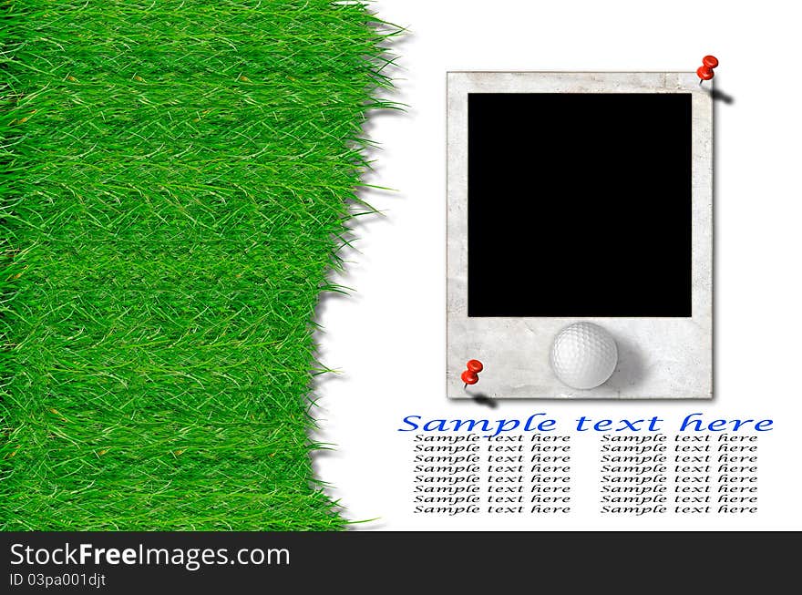 Golf Ball And Green Grass With Old Photo Frame