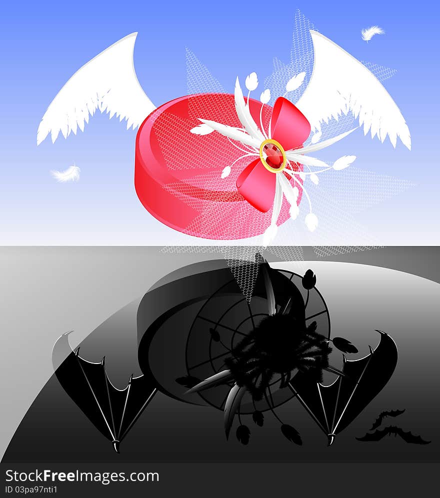 Two women's hats: pink with white wings and black with demonic wings. Two women's hats: pink with white wings and black with demonic wings