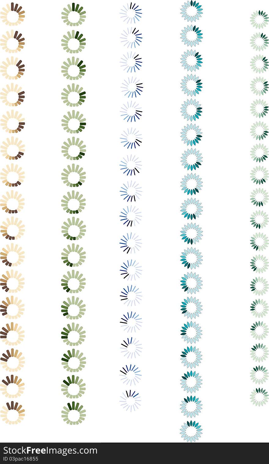 Five circle blue, green and brown indicators of progress. Five circle blue, green and brown indicators of progress