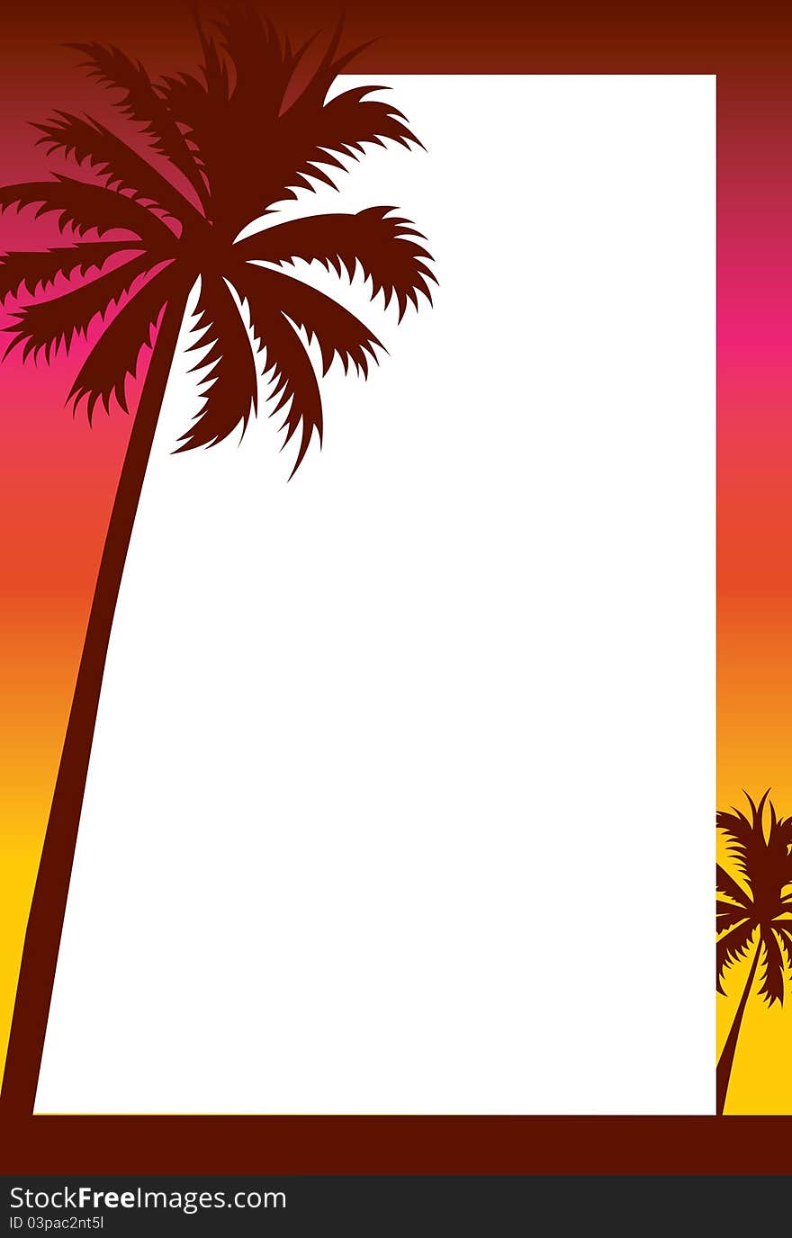 Illustrated party invitation with a calm beach theme featuring palm tree silhouettes against a sunset gradient. Illustrated party invitation with a calm beach theme featuring palm tree silhouettes against a sunset gradient.