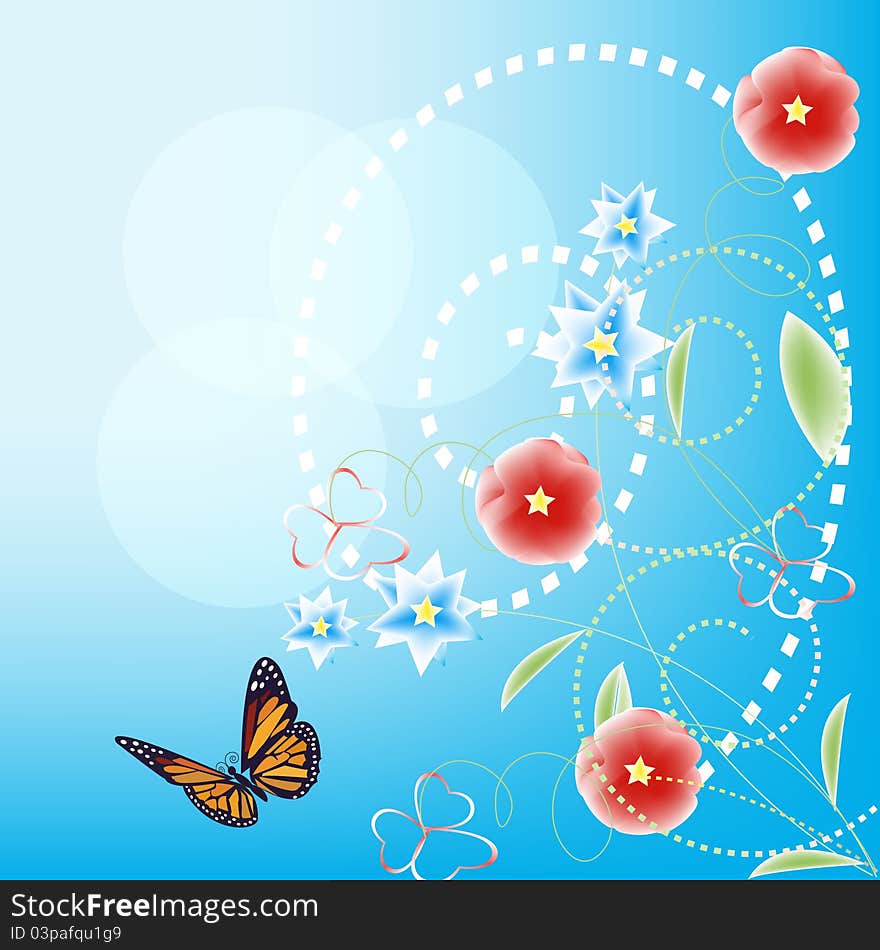 The butterfly against the sky among floral, vector background