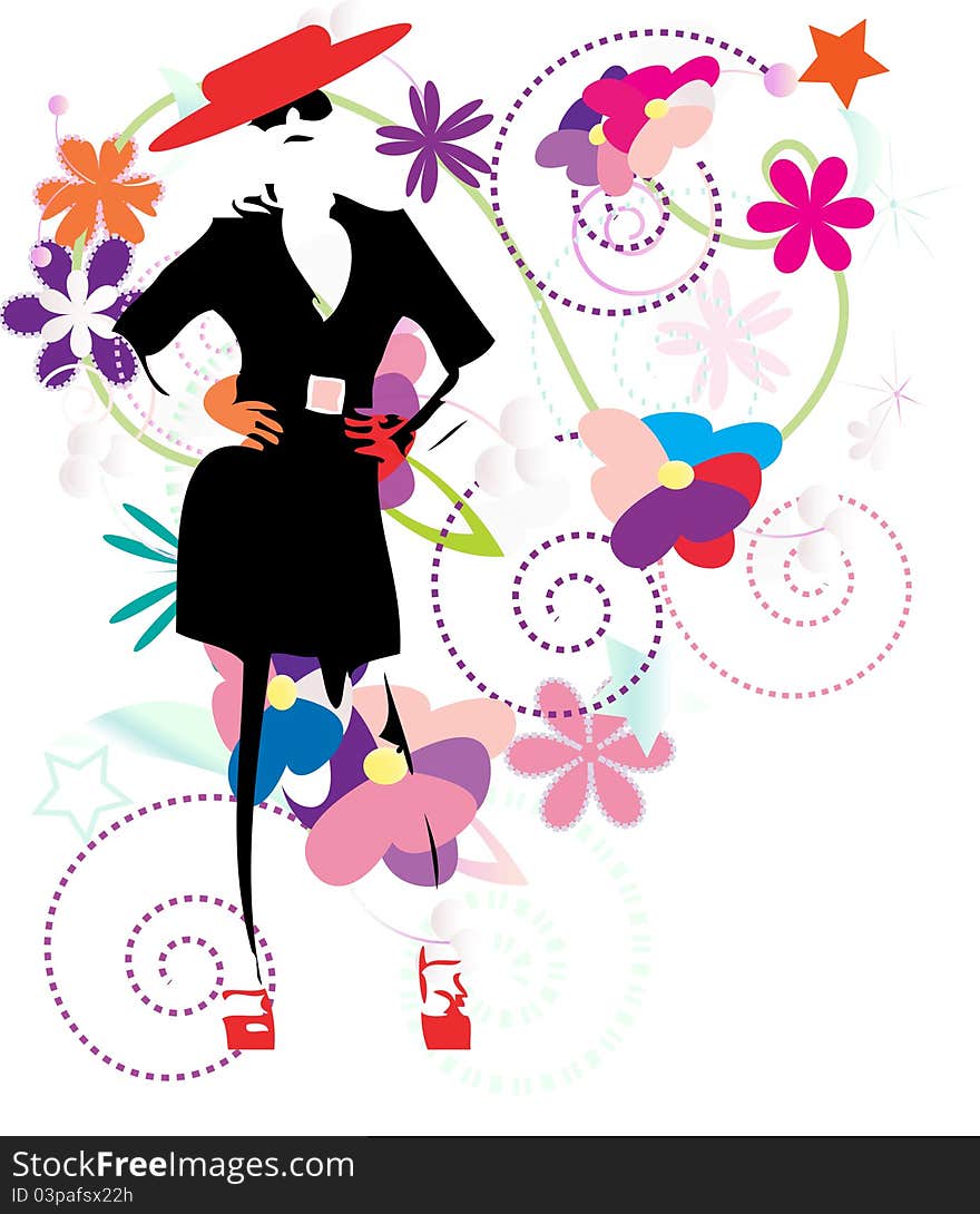 The fashionable girl among florets, vector background