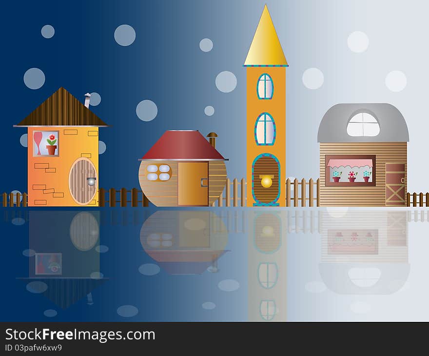 Toy small houses in snow, vector background