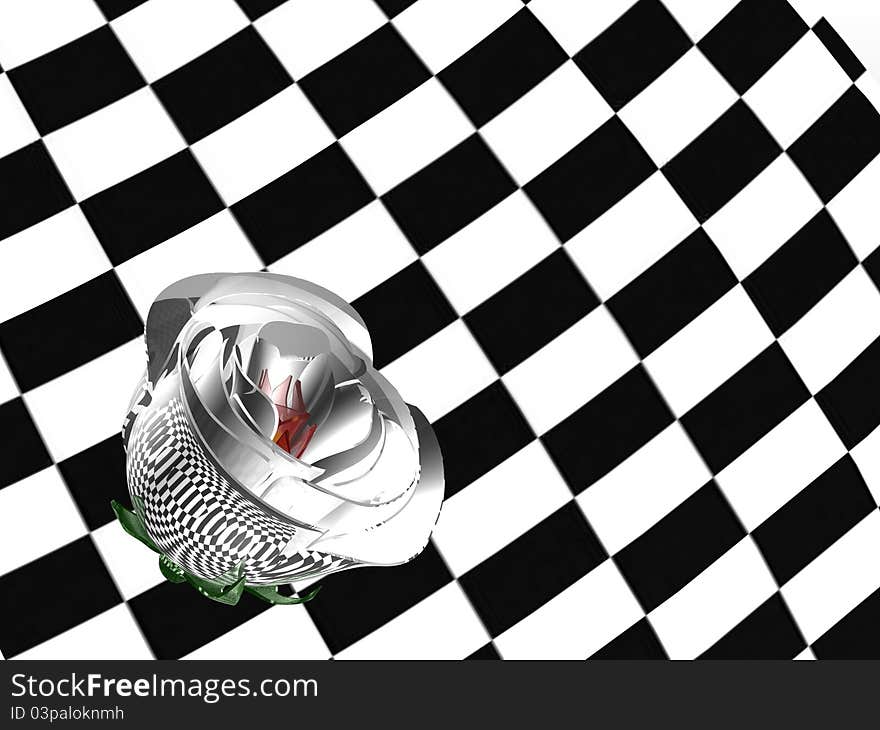 3D image of a white rose bud over chess background. 3D image of a white rose bud over chess background