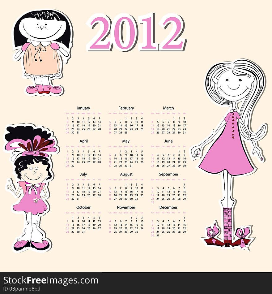 Calendar for 2012 with a small girls