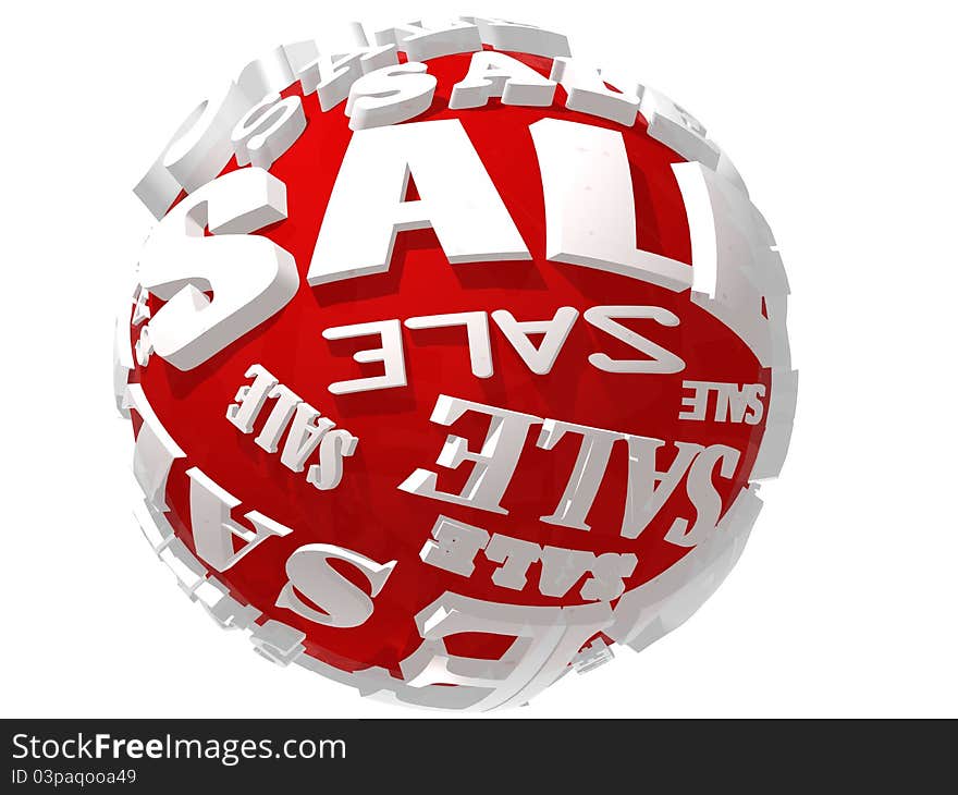 3D image of red sphere with white text SALE isolated over white background. 3D image of red sphere with white text SALE isolated over white background