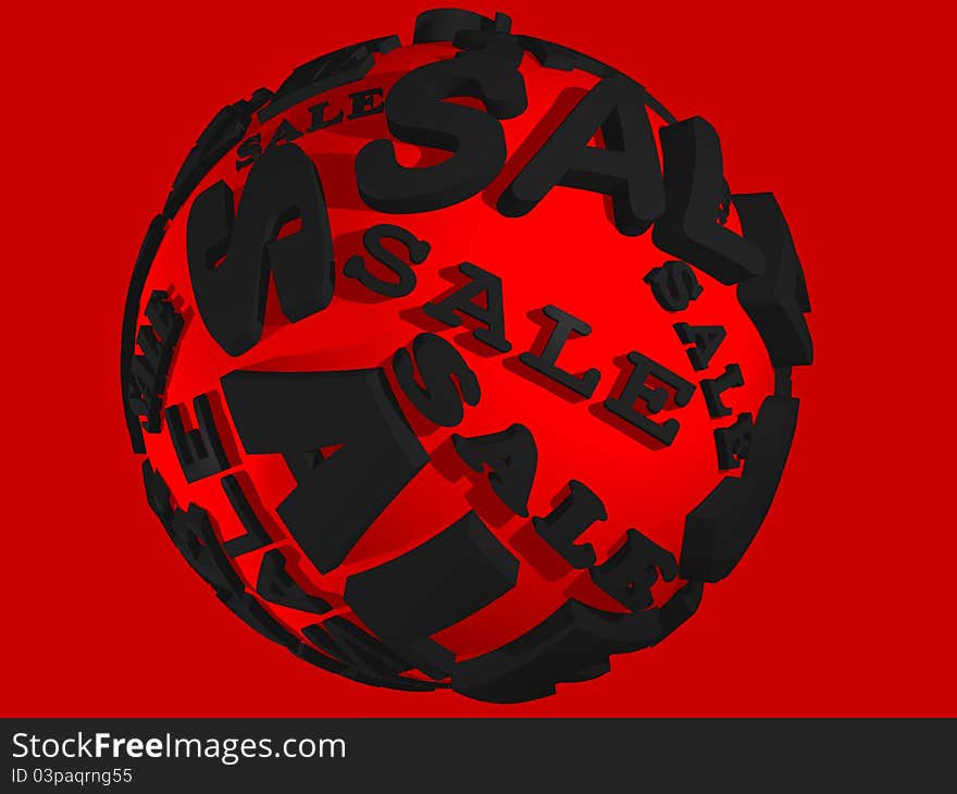 3D image of red sphere with black text SALE isolated over red background. 3D image of red sphere with black text SALE isolated over red background