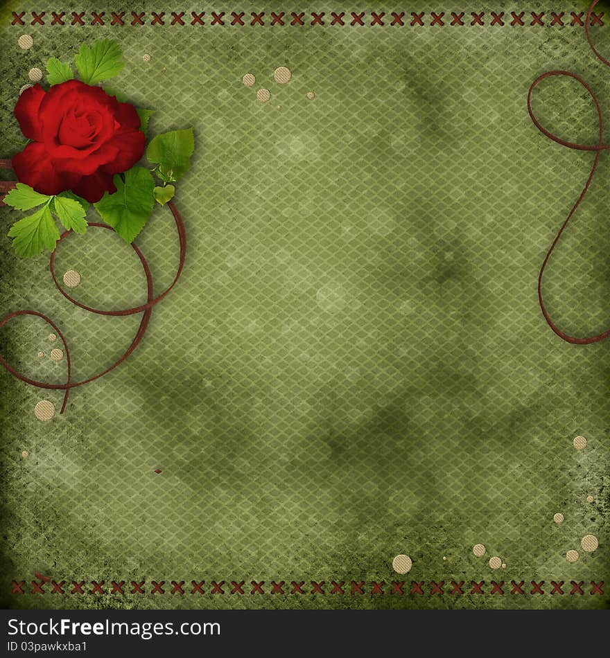 Beautiful green background with red rose and brown ribbon. Beautiful green background with red rose and brown ribbon