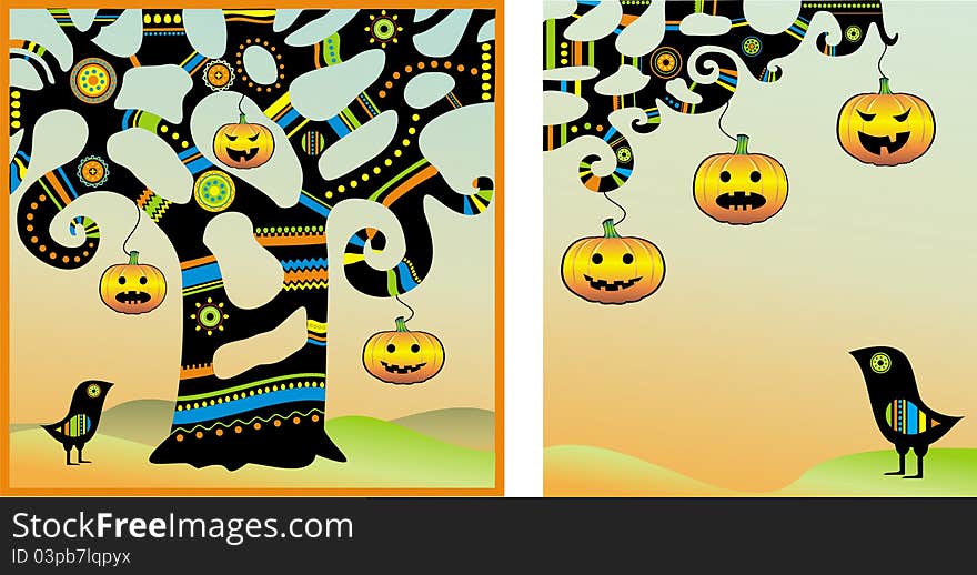 Illustration of Halloween fun with a pumpkin tree, bird