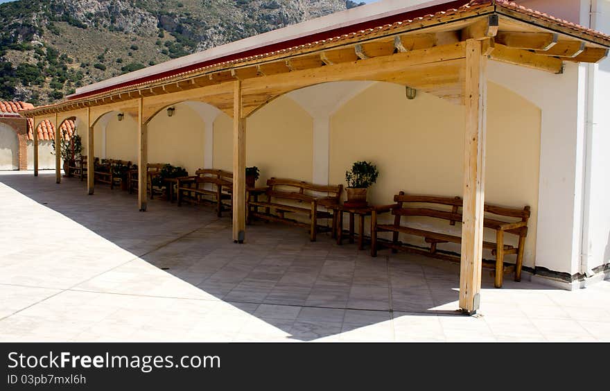 Wood bench outside the church