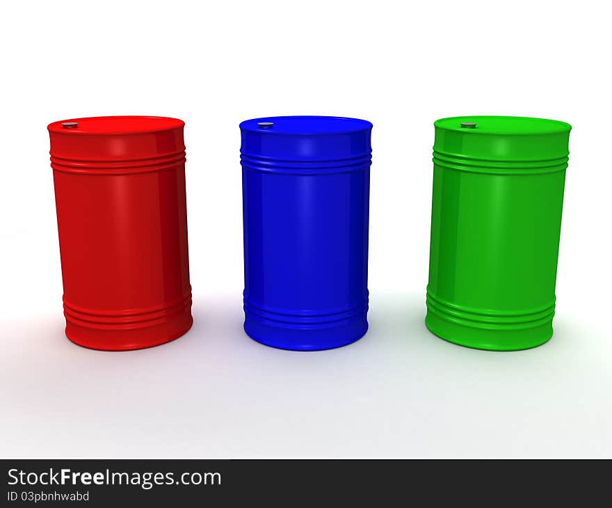 Three color steel barrels on white background