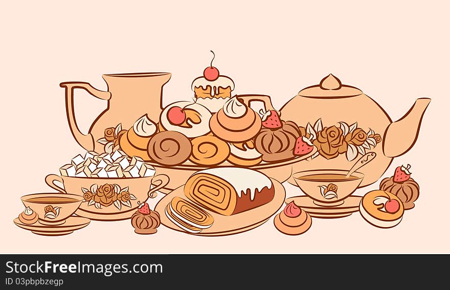 Vintage tea set and sweet cakes.illustration for a design