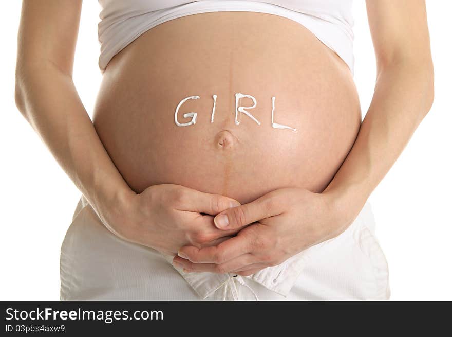 Stomachs of pregnant woman with the inscription girl isolated on white. Stomachs of pregnant woman with the inscription girl isolated on white