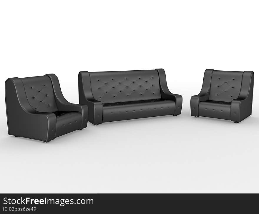 Two black leather armchairs and sofa. Two black leather armchairs and sofa