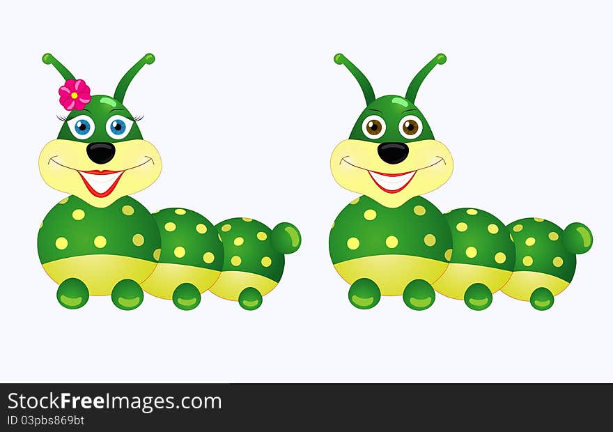 Caterpillars boy and girl smiling, cartoon. Caterpillars boy and girl smiling, cartoon