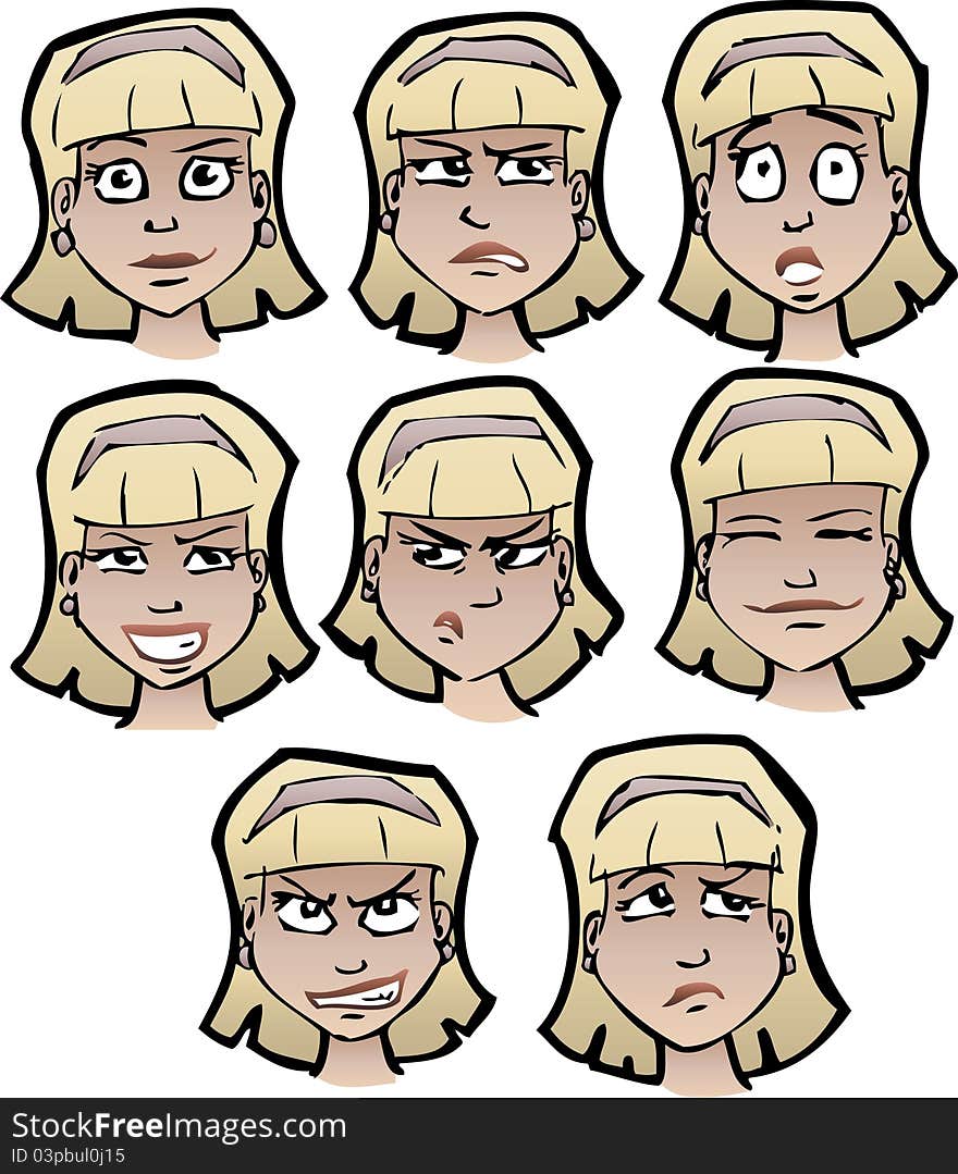 Set of cartoon female's faces with emotional expressions. Set of cartoon female's faces with emotional expressions