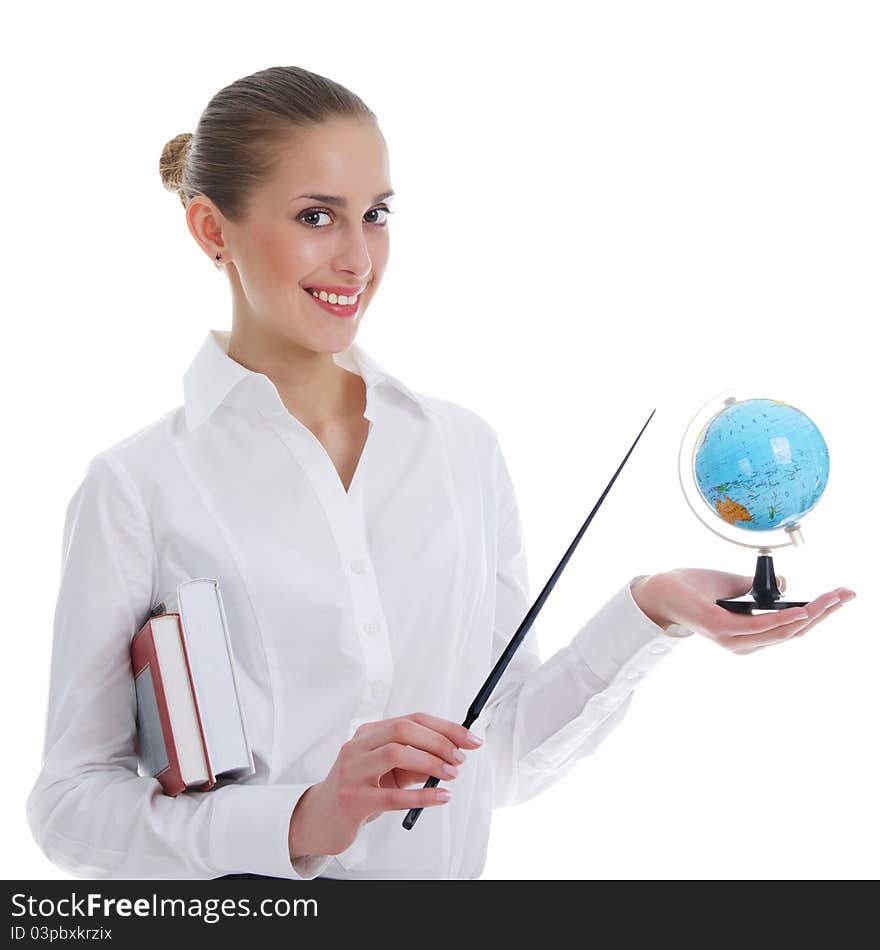 Girl studying a globe, holding book, smiling, isolated on white