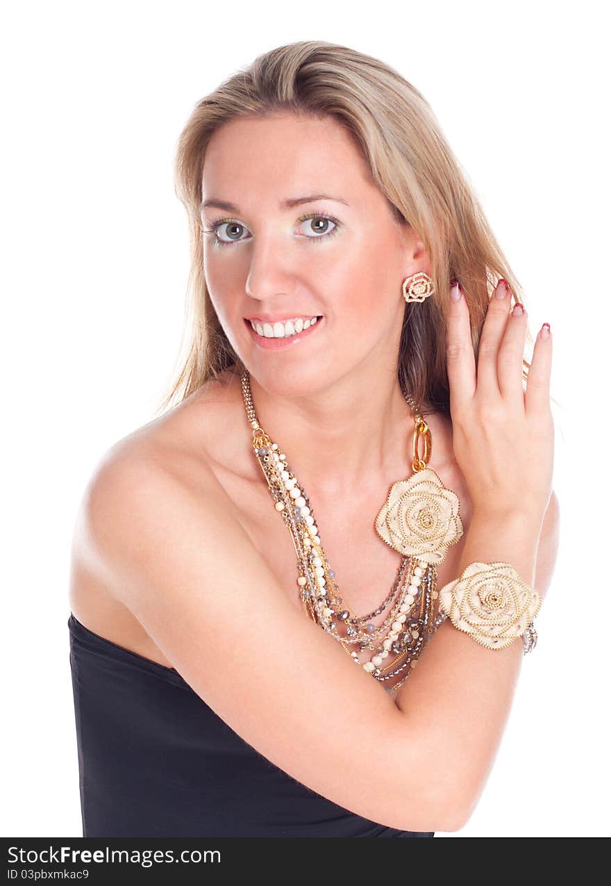 Portrait happy woman smiling, isolated on the white