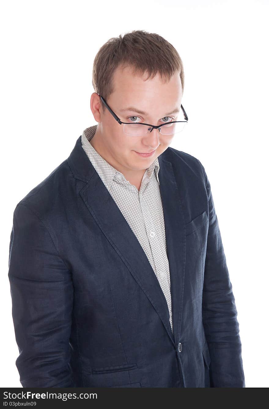 Young, handsome man thinking, isolated on the white