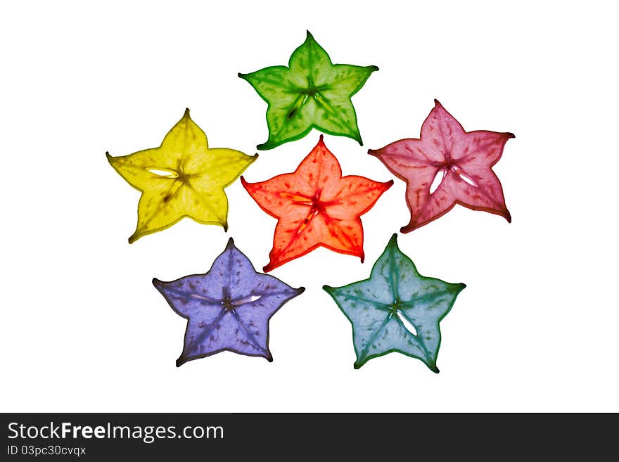 Colorful star fruit is used as the background. Colorful star fruit is used as the background