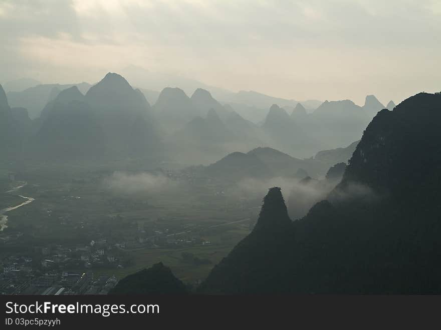 Karst scenery in misty morning in Guilin, China