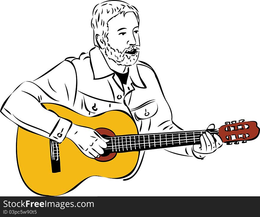 A sketch of a man with a beard playing a guitar