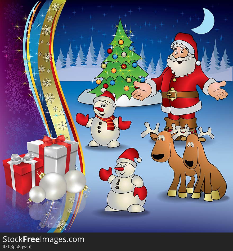 Christmas Greeting With Santa Deer And Gifts