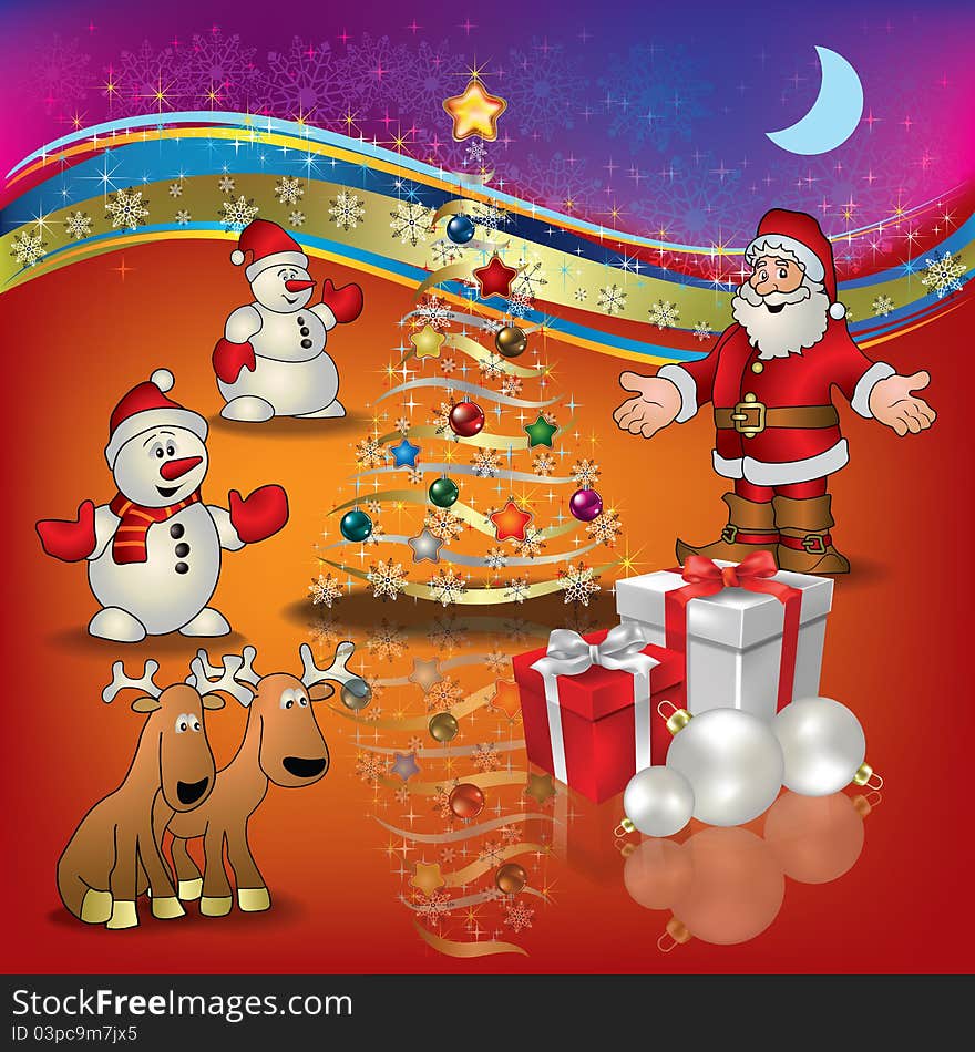 Abstract Christmas red greeting with Santa deer snowmen and gifts. Abstract Christmas red greeting with Santa deer snowmen and gifts