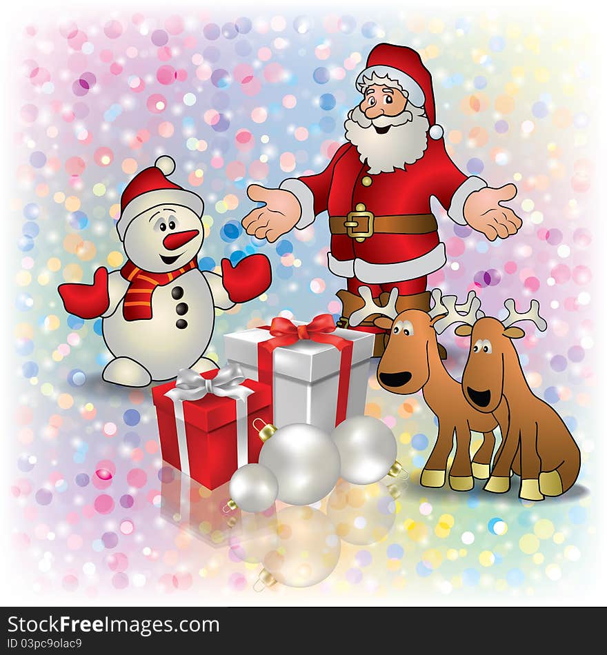 Abstract Christmas white greeting with Santa deer snowman and gifts. Abstract Christmas white greeting with Santa deer snowman and gifts