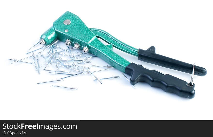 Riveters and rivets on white background