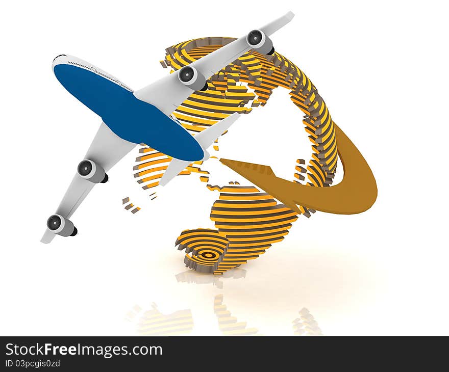 Airplane travel. 3d illustration on white background